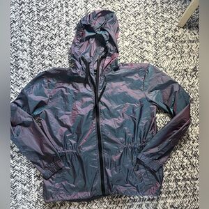 Women’s Packable Holographic Iridescent Hooded Windbreaker Jacket Size Small